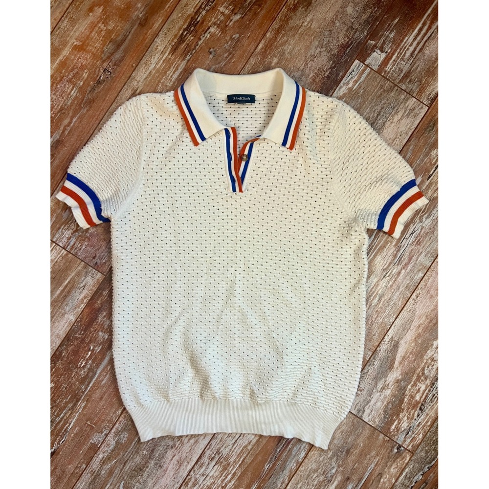 ModCloth Open Knit Polo Sweater Women's M Ivory Retro Collared Short Sleeve